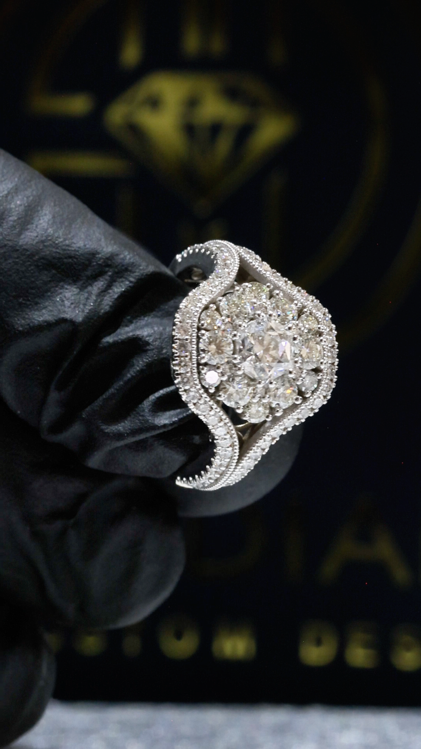 Natural Diamond Cushion Cluster Swirl Halo Ring in White Gold | Vintage-Inspired Sculpted Design