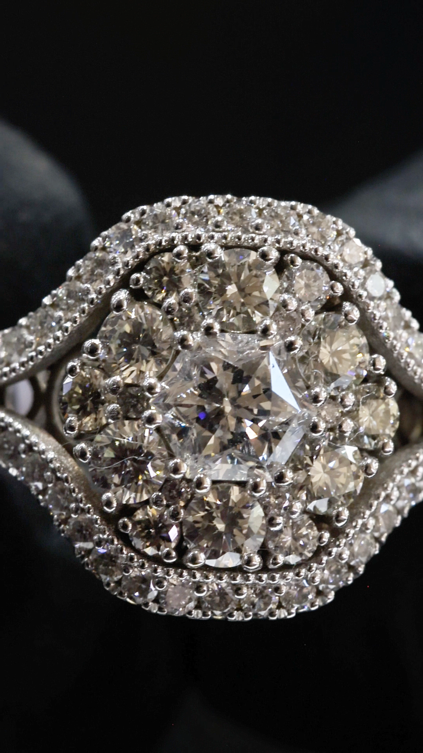 Natural Diamond Cushion Cluster Swirl Halo Ring in White Gold | Vintage-Inspired Sculpted Design