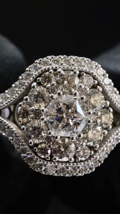 Natural Diamond Cushion Cluster Swirl Halo Ring in White Gold | Vintage-Inspired Sculpted Design