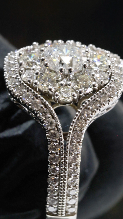 Natural Diamond Cushion Cluster Swirl Halo Ring in White Gold | Vintage-Inspired Sculpted Design
