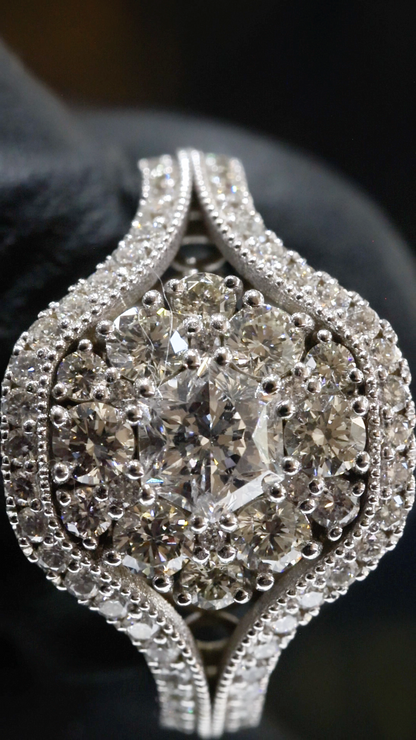 Natural Diamond Cushion Cluster Swirl Halo Ring in White Gold | Vintage-Inspired Sculpted Design