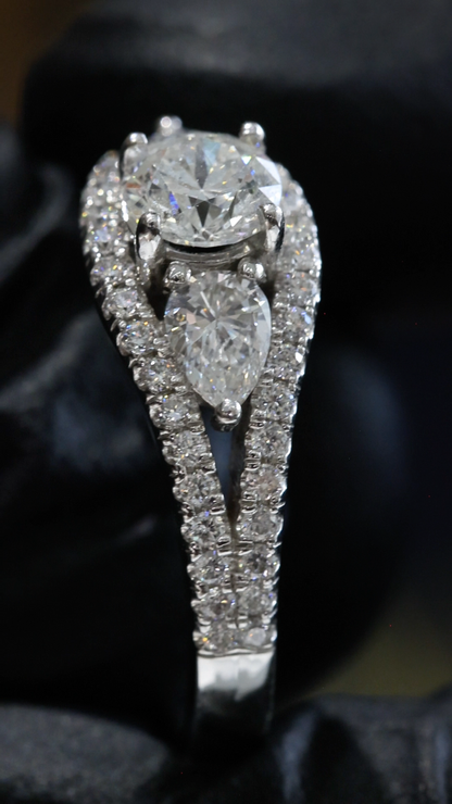 Natural Diamond Pear Cluster Split Shank Ring in White Gold | Elegant Double-Pear Statement Design