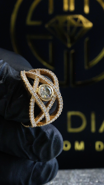 Natural Fancy Yellow Diamond Infinity Ring with Pavé Crisscross Design in Yellow Gold | Elegant Statement Style