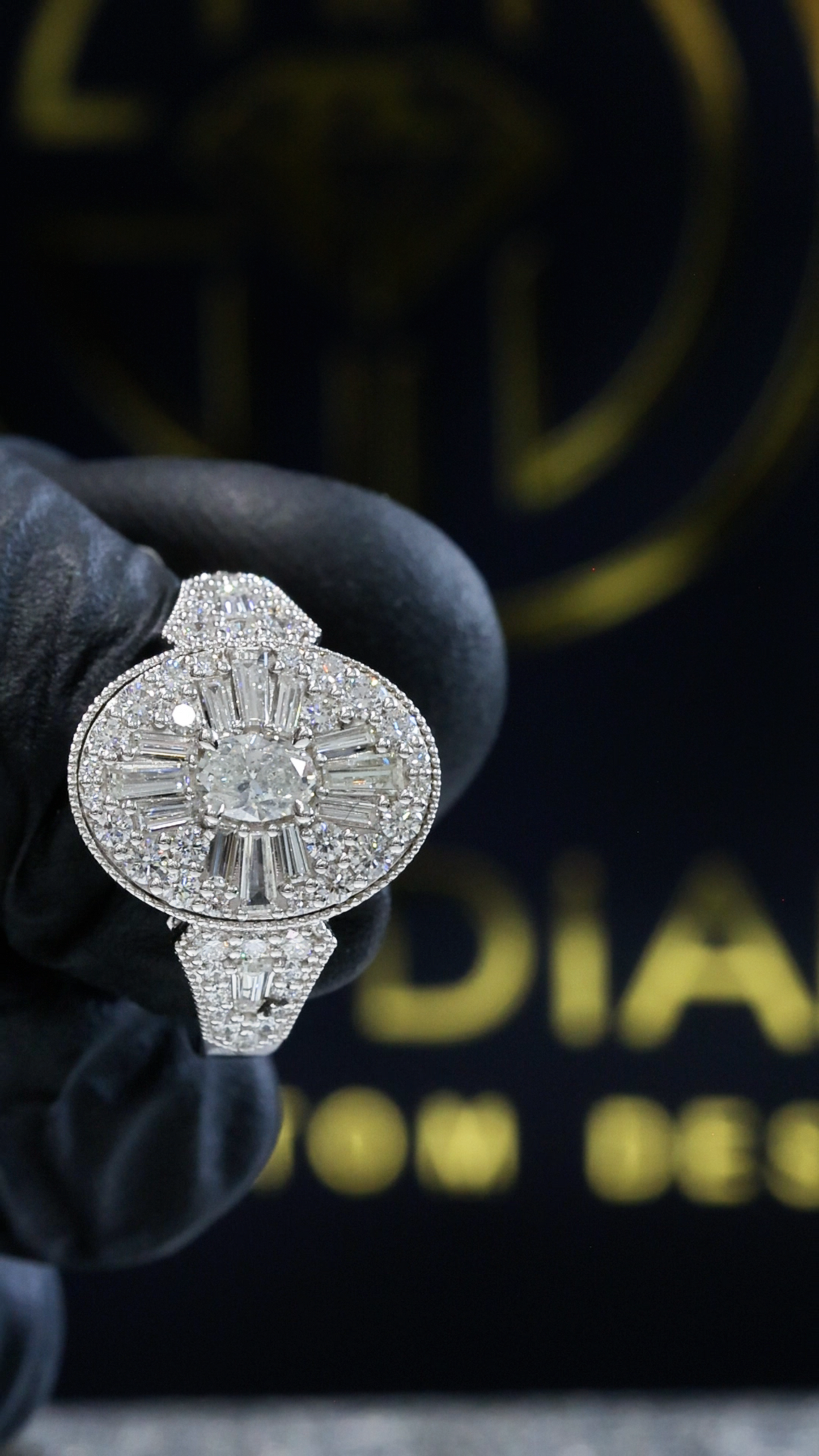 Natural White Diamond Oval Halo Ring with Mixed-Cut Starburst Mosaic in White Gold | Vintage-Inspired Statement Design