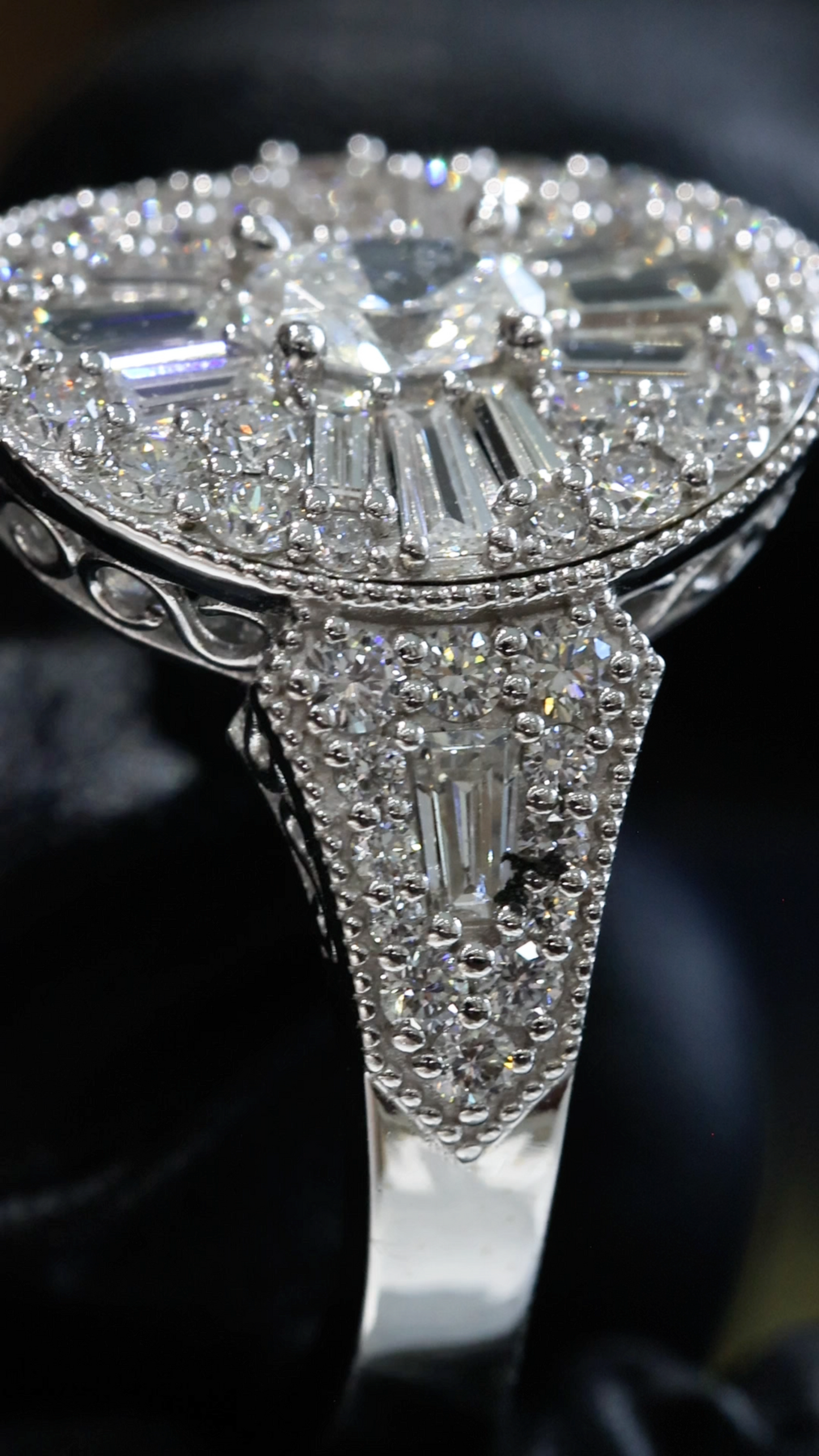 Natural White Diamond Oval Halo Ring with Mixed-Cut Starburst Mosaic in White Gold | Vintage-Inspired Statement Design