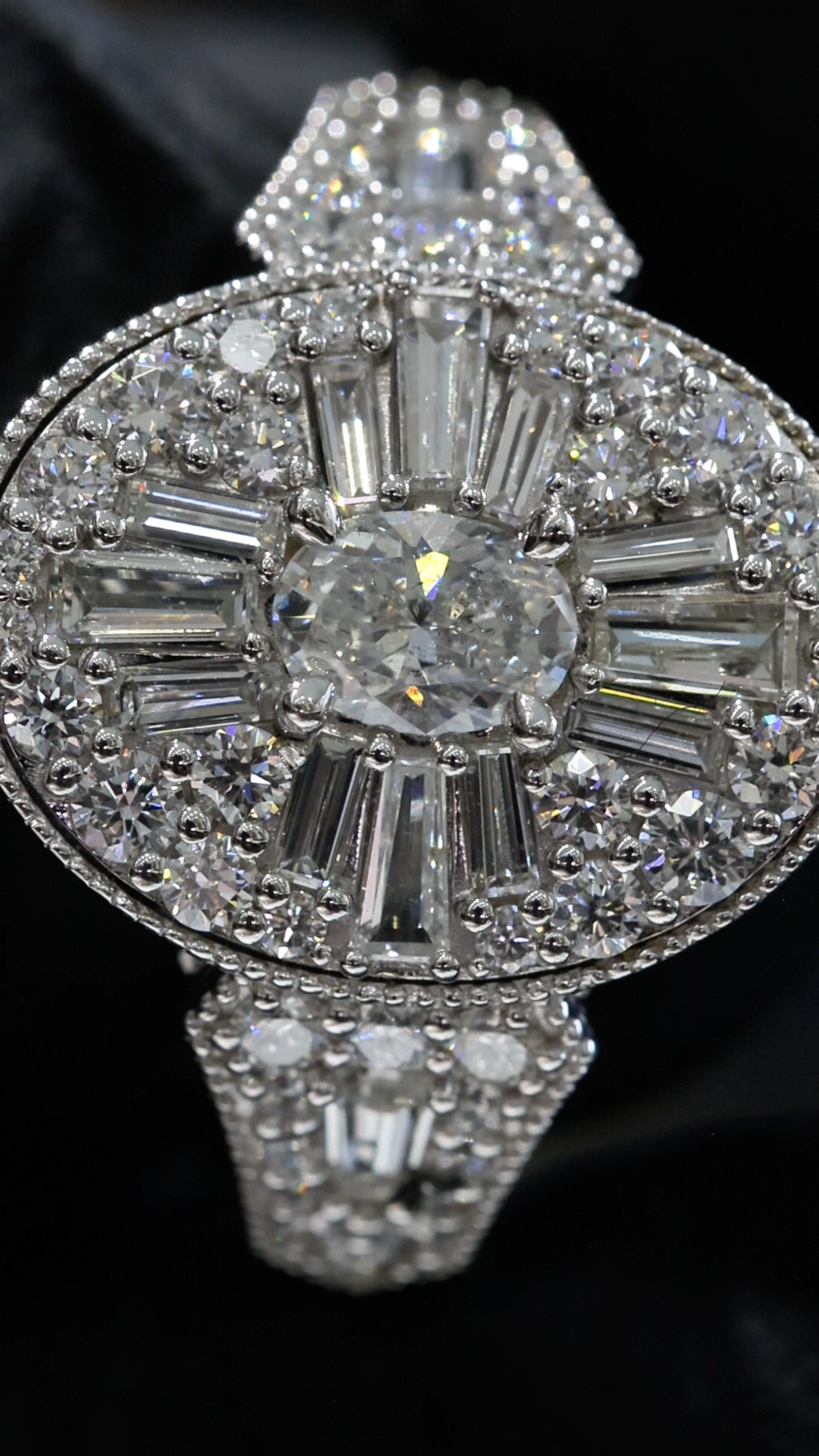 Natural White Diamond Oval Halo Ring with Mixed-Cut Starburst Mosaic in White Gold | Vintage-Inspired Statement Design