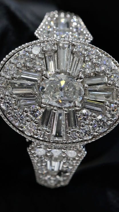Natural White Diamond Oval Halo Ring with Mixed-Cut Starburst Mosaic in White Gold | Vintage-Inspired Statement Design