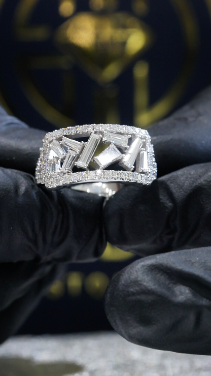 Natural Diamond Baguette Mosaic Wide Band Ring in White Gold | Modern Architectural Design