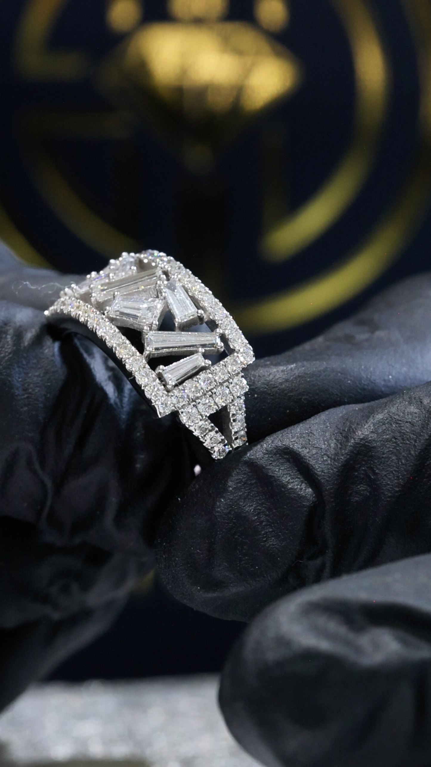 Natural Diamond Baguette Mosaic Wide Band Ring in White Gold | Modern Architectural Design
