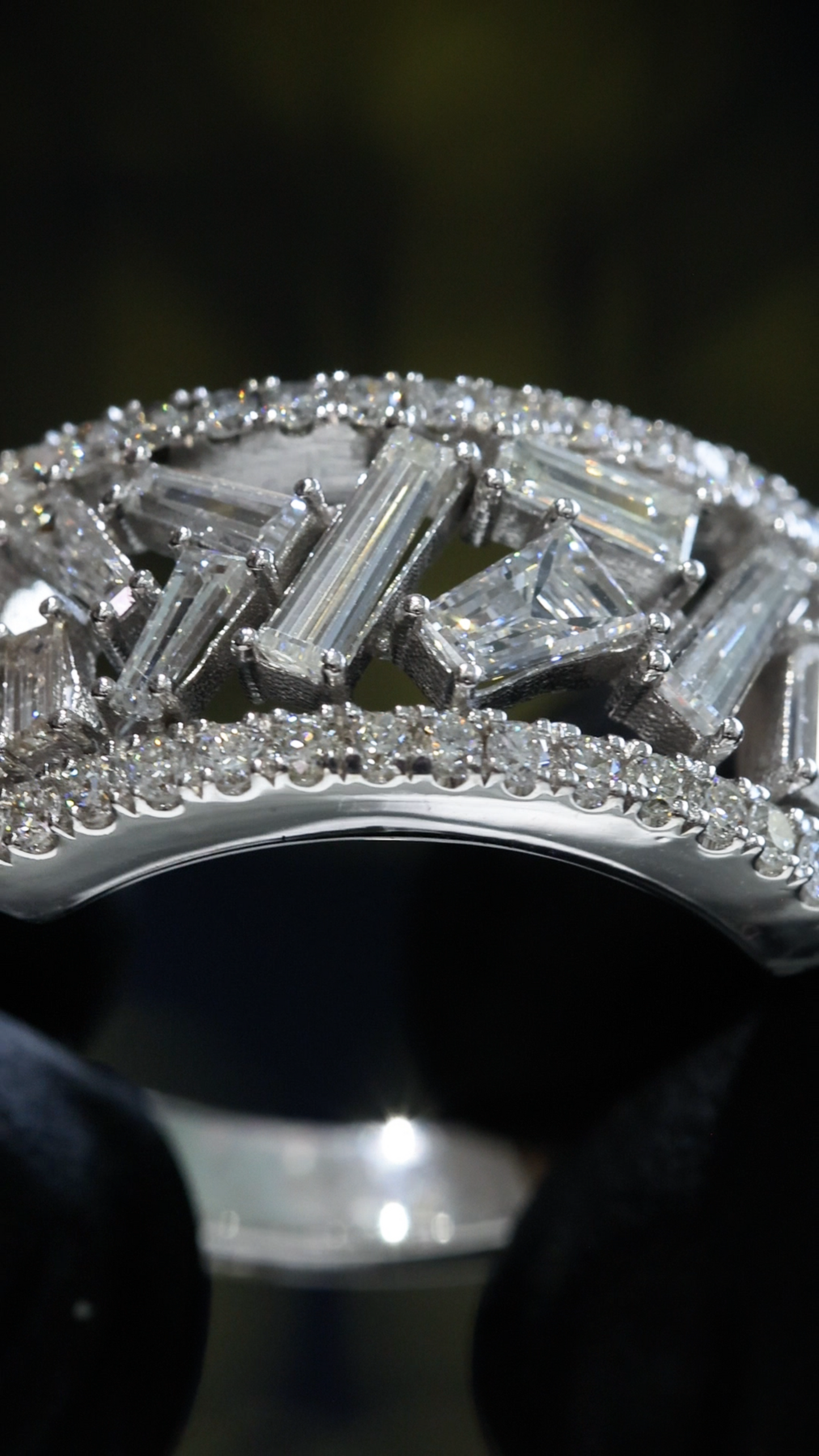 Natural Diamond Baguette Mosaic Wide Band Ring in White Gold | Modern Architectural Design