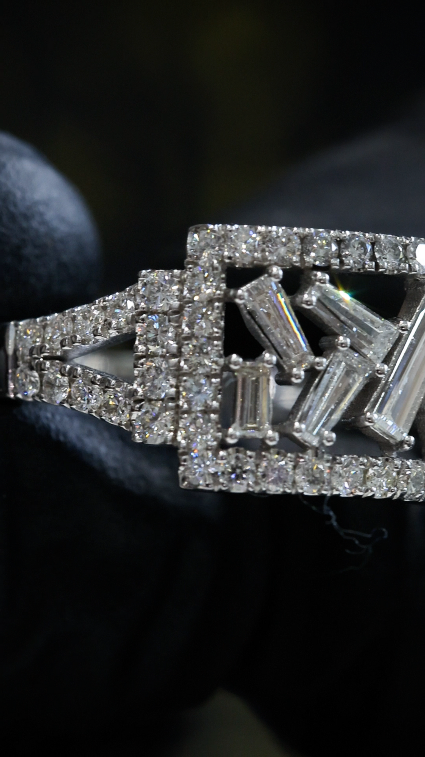 Natural Diamond Baguette Mosaic Wide Band Ring in White Gold | Modern Architectural Design