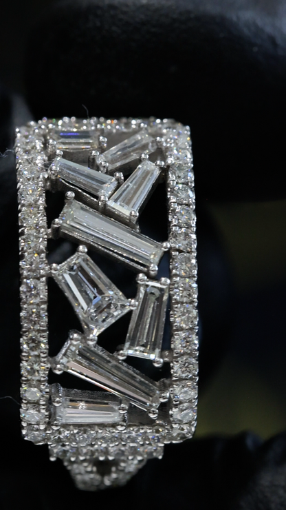 Natural Diamond Baguette Mosaic Wide Band Ring in White Gold | Modern Architectural Design