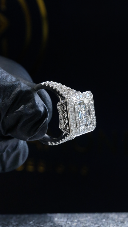 Natural White Diamond Square Halo Ring with Mixed-Cut Mosaic in White Gold | Bold Vintage-Inspired Statement Design