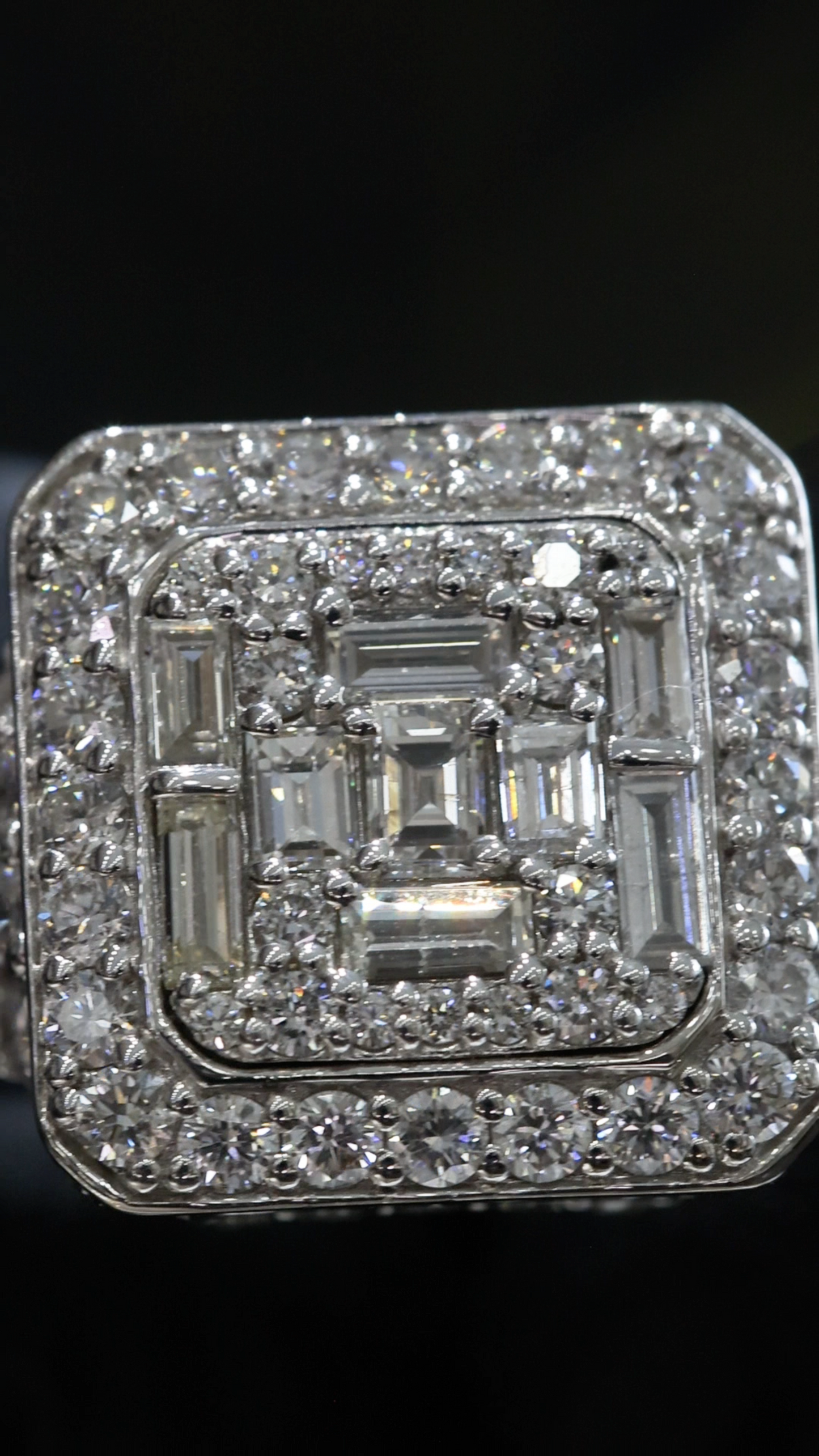 Natural White Diamond Square Halo Ring with Mixed-Cut Mosaic in White Gold | Bold Vintage-Inspired Statement Design