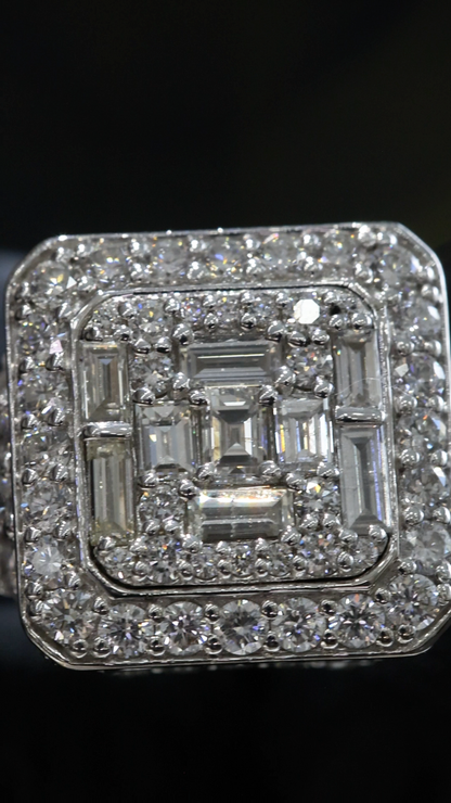 Natural White Diamond Square Halo Ring with Mixed-Cut Mosaic in White Gold | Bold Vintage-Inspired Statement Design