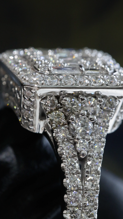 Natural White Diamond Square Halo Ring with Mixed-Cut Mosaic in White Gold | Bold Vintage-Inspired Statement Design