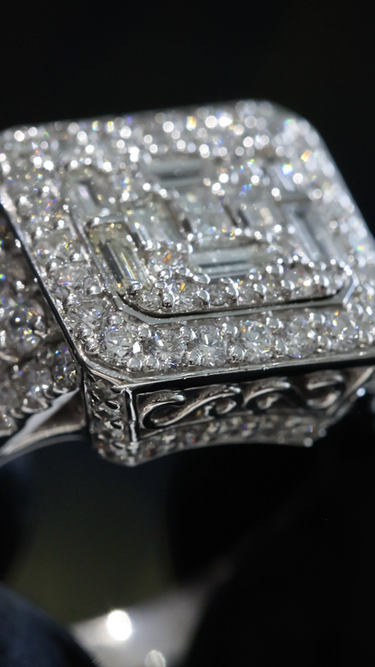 Natural White Diamond Square Halo Ring with Mixed-Cut Mosaic in White Gold | Bold Vintage-Inspired Statement Design
