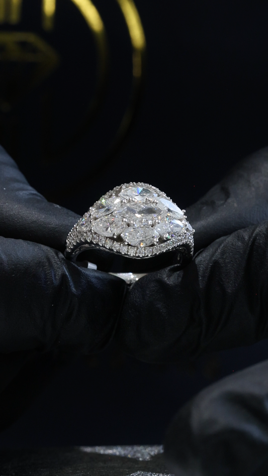 Natural Diamond Marquise Cluster Halo Ring in White Gold | Bold Vintage-Inspired Statement Design