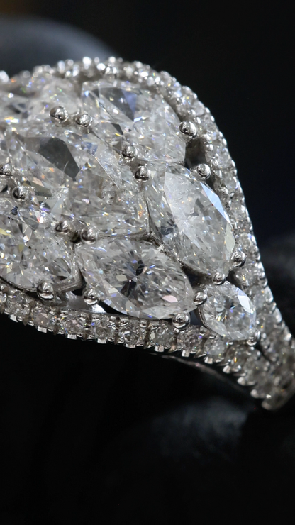 Natural Diamond Marquise Cluster Halo Ring in White Gold | Bold Vintage-Inspired Statement Design