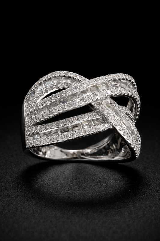 Natural Diamond Multi-Row Pavé Crossover Ring in White Gold | Modern Statement Design