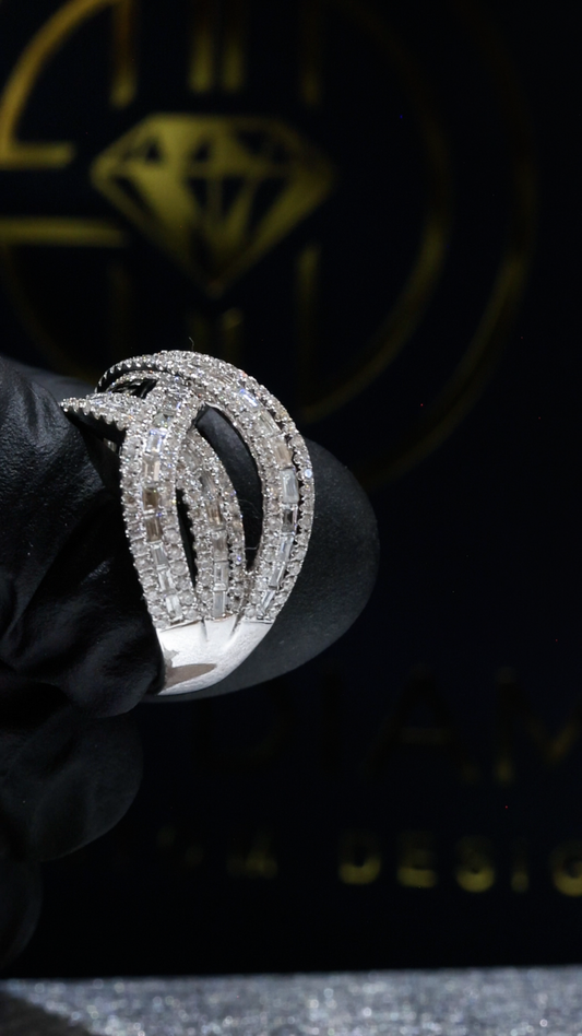 Natural Diamond Multi-Row Pavé Crossover Ring in White Gold | Modern Statement Design