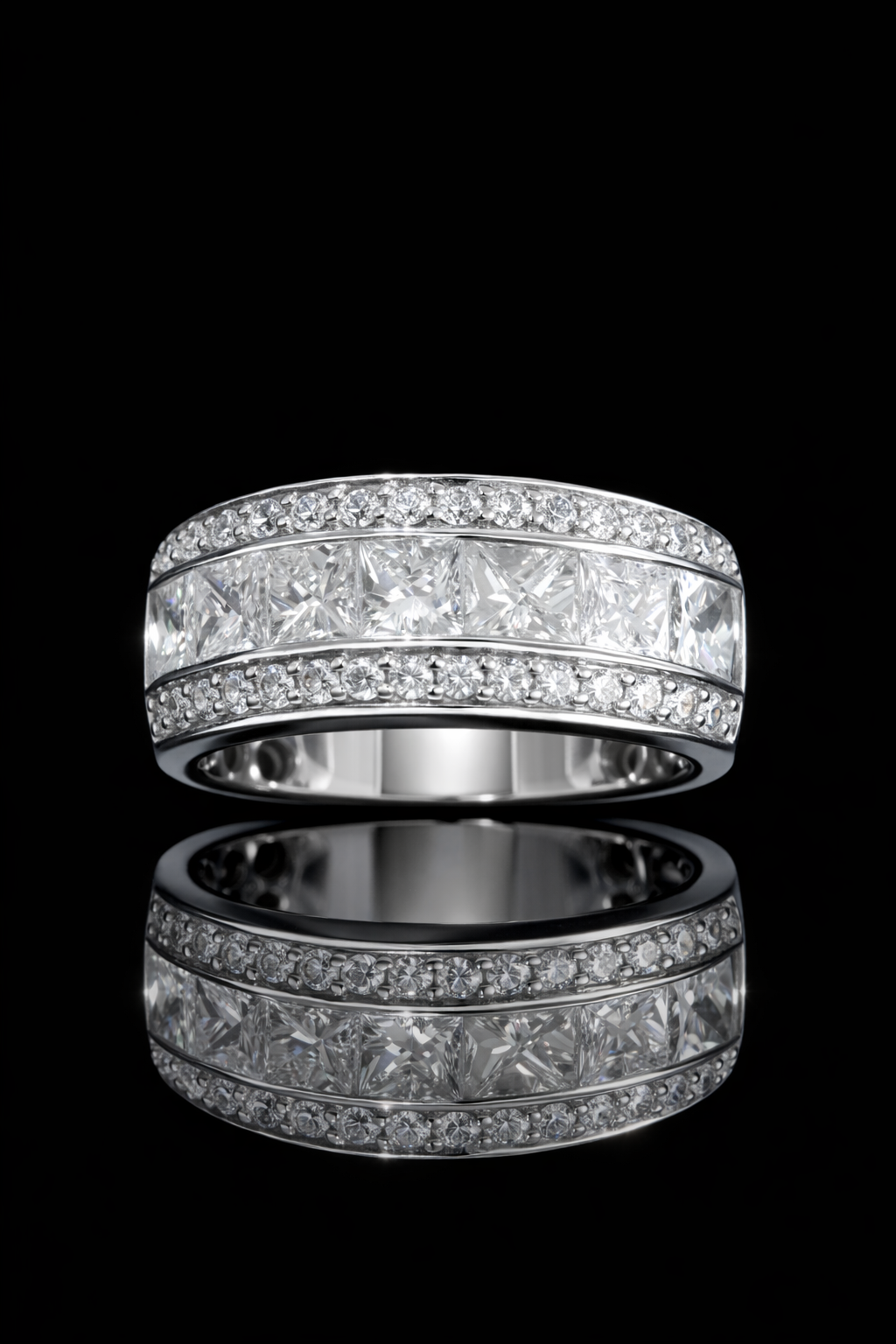 Princess-Cut & Round Diamond Multi-Row Band in 14K White Gold | 3.18 CTW Statement Ring