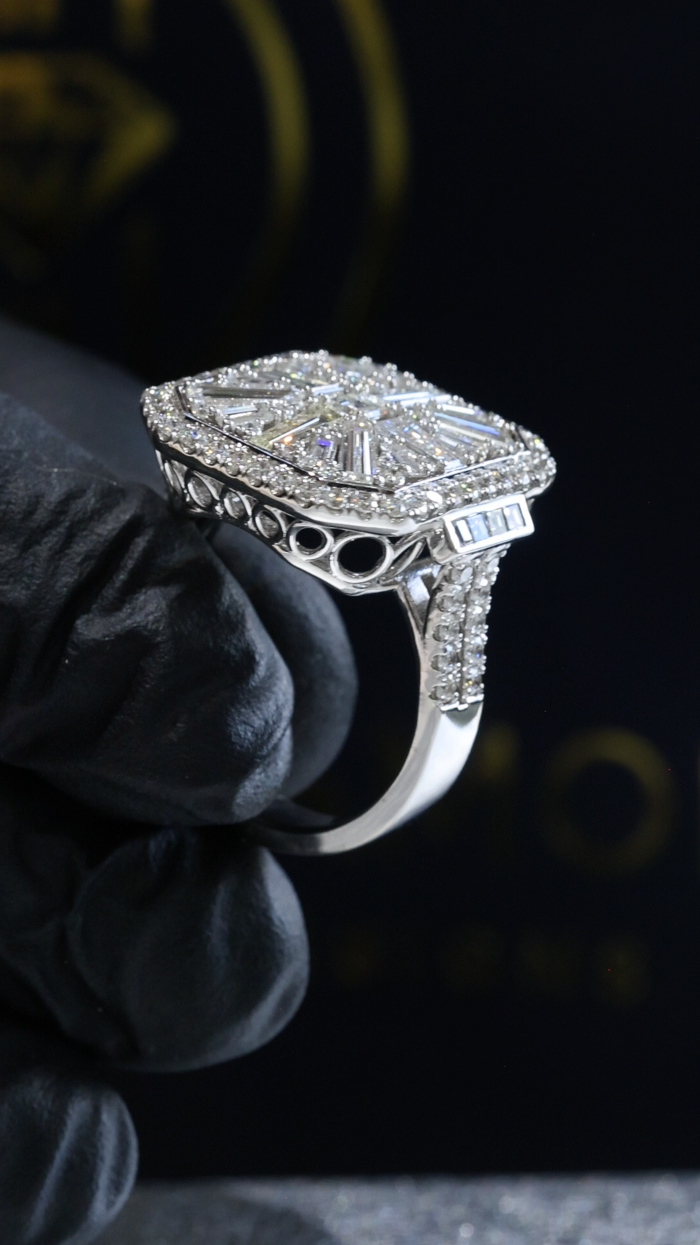 Natural Diamond Cushion Halo Ring with Mixed-Cut Baguette Mosaic in White Gold | Vintage-Inspired Statement Design