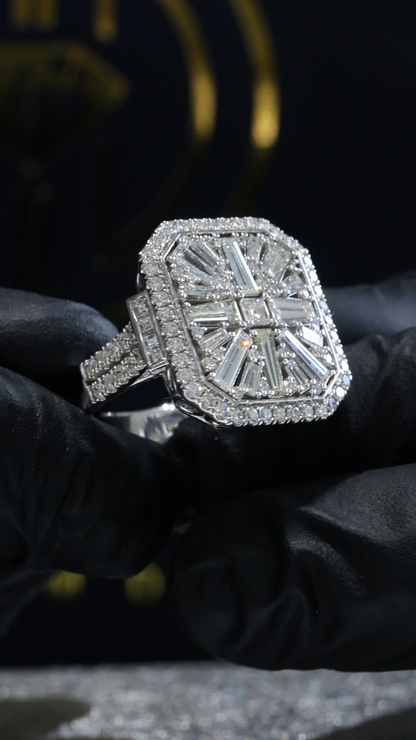 Natural Diamond Cushion Halo Ring with Mixed-Cut Baguette Mosaic in White Gold | Vintage-Inspired Statement Design