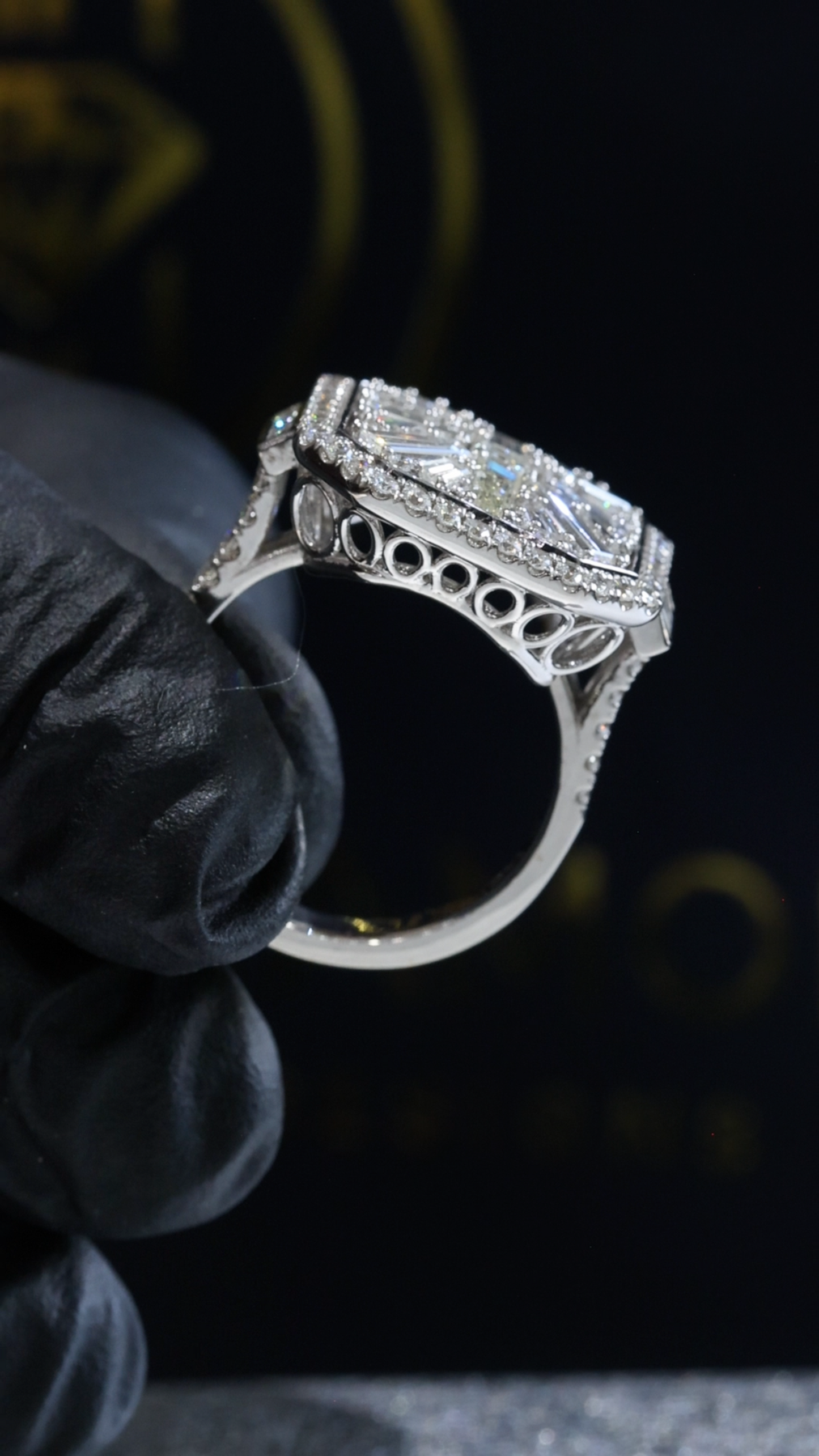 Natural Diamond Cushion Halo Ring with Mixed-Cut Baguette Mosaic in White Gold | Vintage-Inspired Statement Design