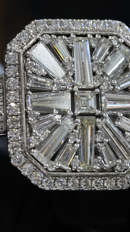 Natural Diamond Cushion Halo Ring with Mixed-Cut Baguette Mosaic in White Gold | Vintage-Inspired Statement Design