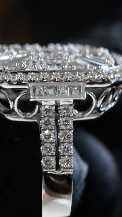 Natural Diamond Cushion Halo Ring with Mixed-Cut Baguette Mosaic in White Gold | Vintage-Inspired Statement Design
