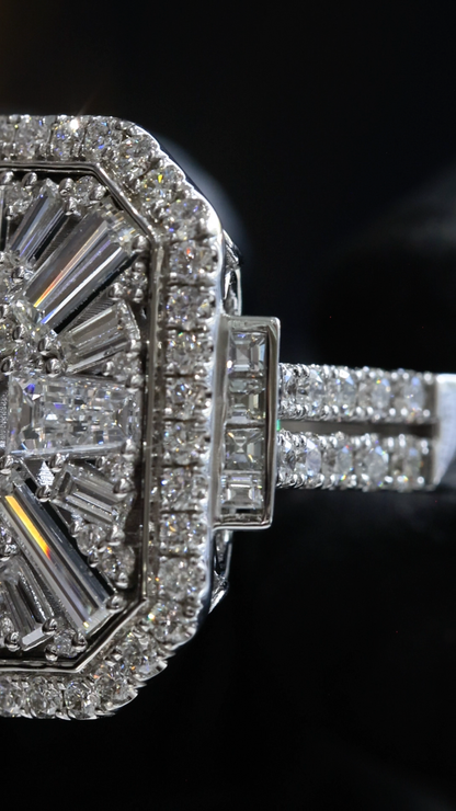 Natural Diamond Cushion Halo Ring with Mixed-Cut Baguette Mosaic in White Gold | Vintage-Inspired Statement Design