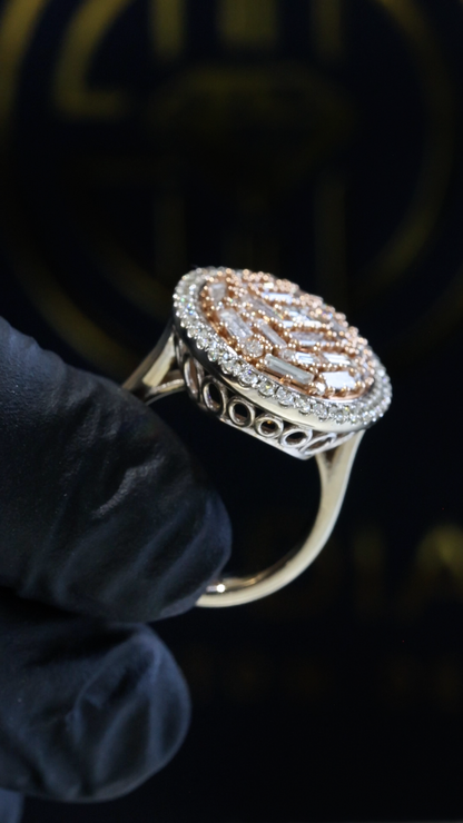 Natural Diamond Oval Dome Ring with Baguette Mosaic in Two-Tone Gold | Bold Statement Design