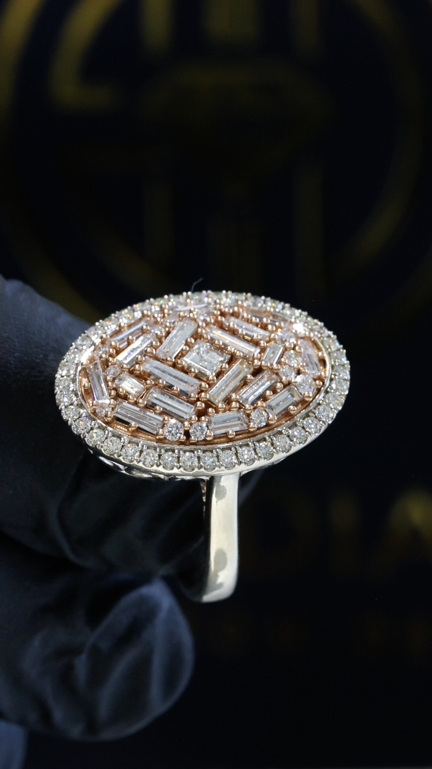 Natural Diamond Oval Dome Ring with Baguette Mosaic in Two-Tone Gold | Bold Statement Design