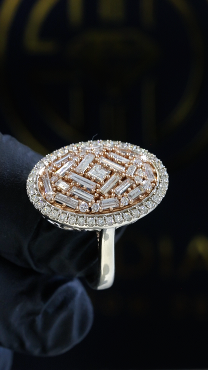 Natural Diamond Oval Dome Ring with Baguette Mosaic in Two-Tone Gold | Bold Statement Design