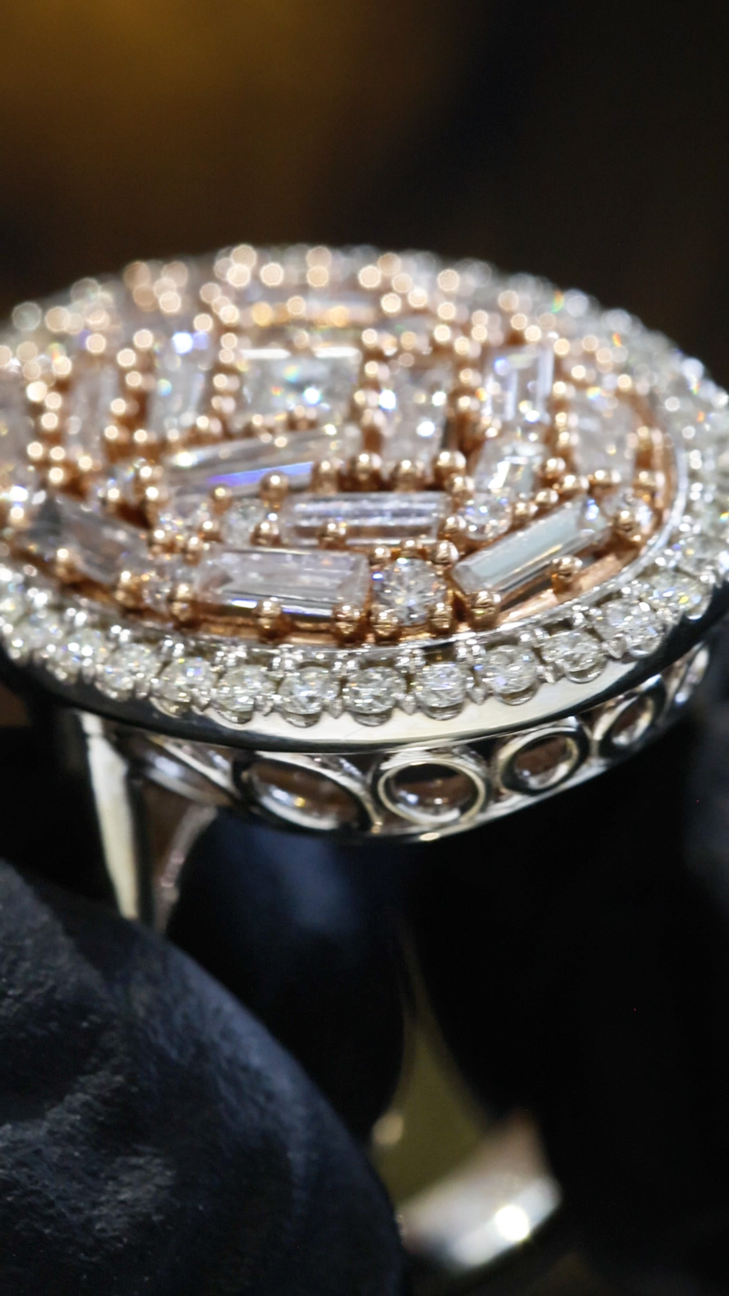 Natural Diamond Oval Dome Ring with Baguette Mosaic in Two-Tone Gold | Bold Statement Design