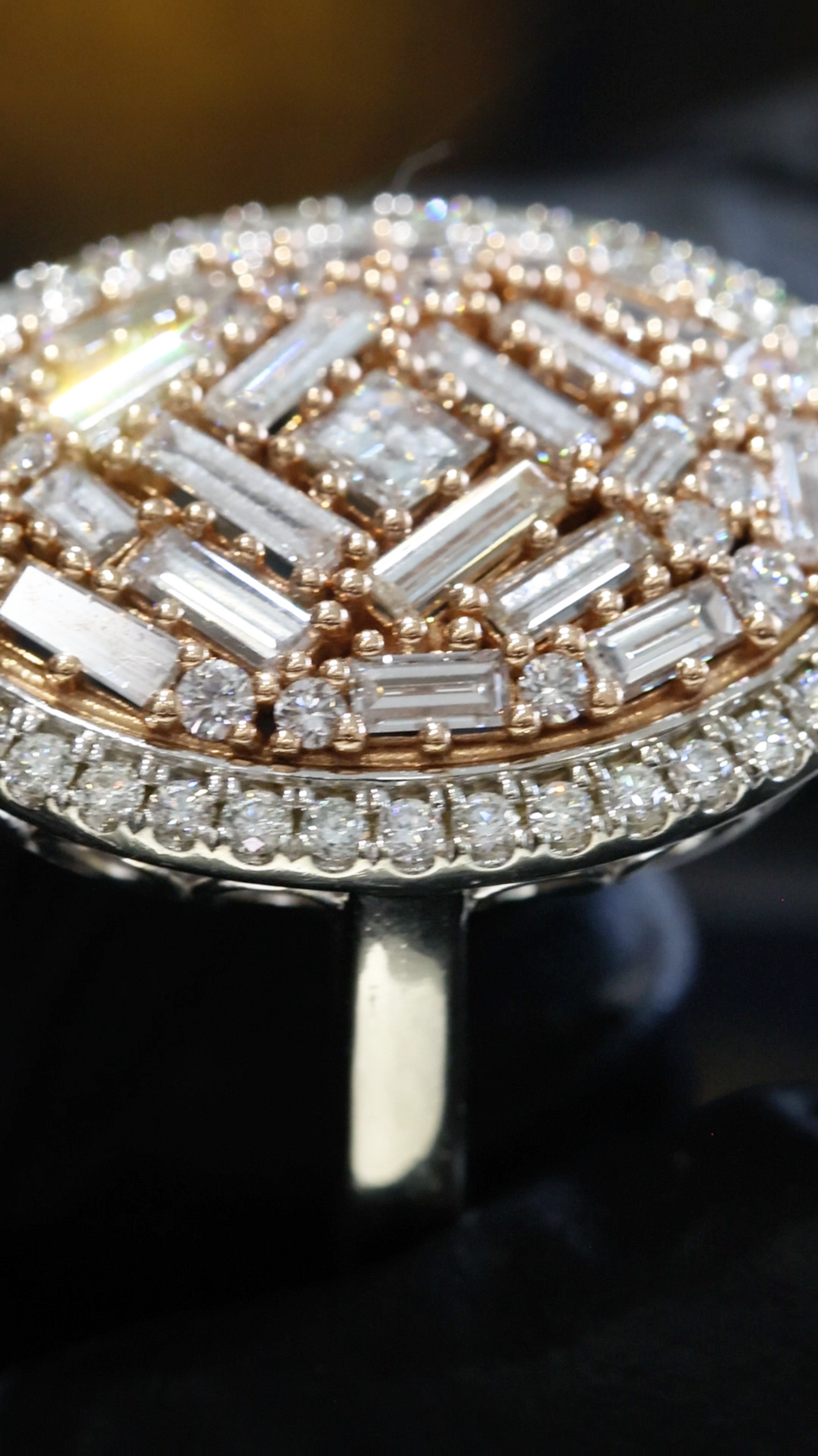 Natural Diamond Oval Dome Ring with Baguette Mosaic in Two-Tone Gold | Bold Statement Design