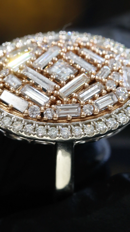 Natural Diamond Oval Dome Ring with Baguette Mosaic in Two-Tone Gold | Bold Statement Design