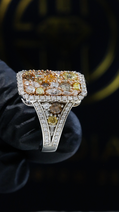 Natural Fancy Yellow Diamond Cushion Mosaic Ring with Halo in Two-Tone Gold | Luxury Statement Design