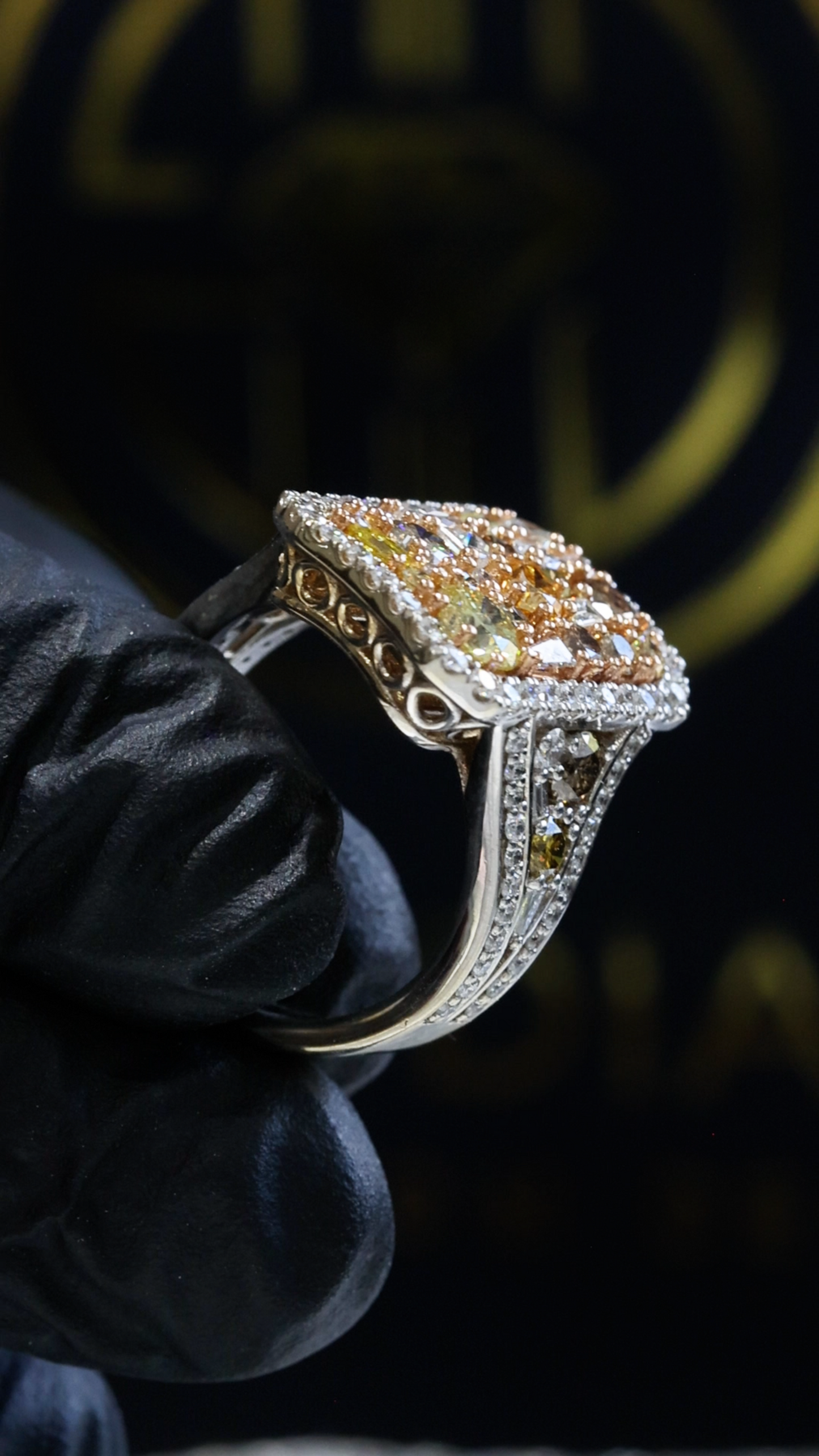 Natural Fancy Yellow Diamond Cushion Mosaic Ring with Halo in Two-Tone Gold | Luxury Statement Design