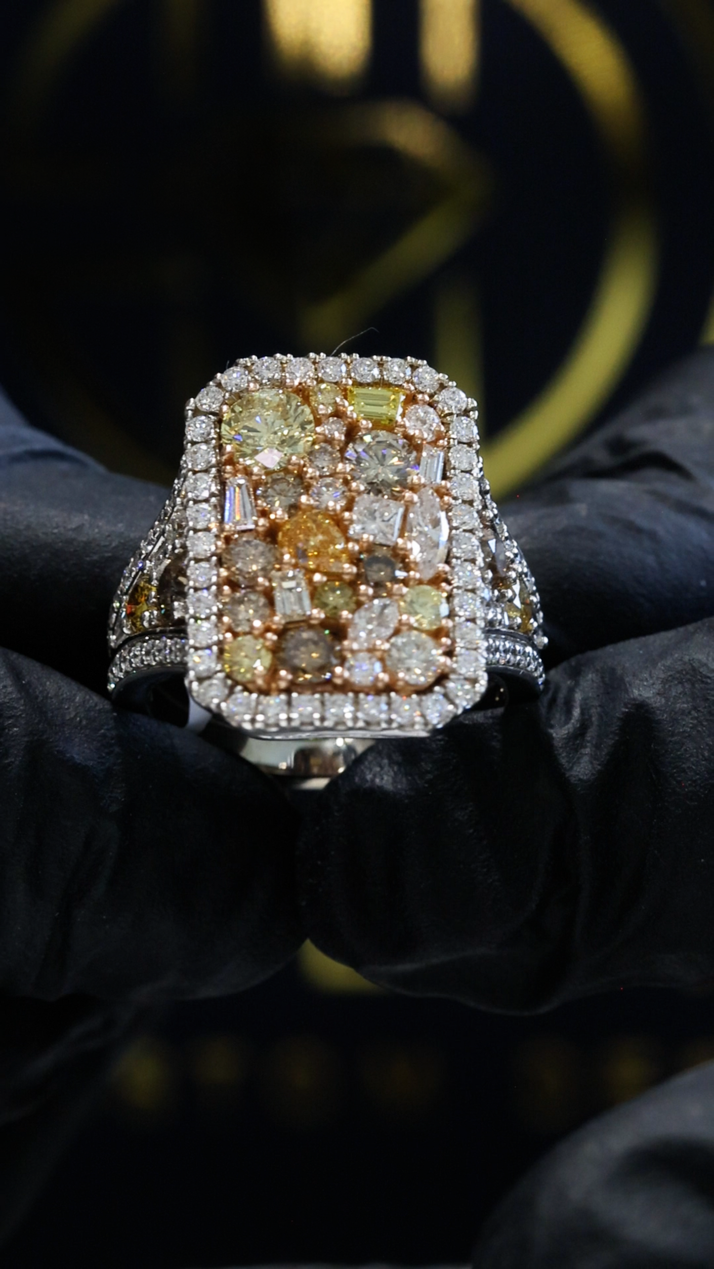 Natural Fancy Yellow Diamond Cushion Mosaic Ring with Halo in Two-Tone Gold | Luxury Statement Design