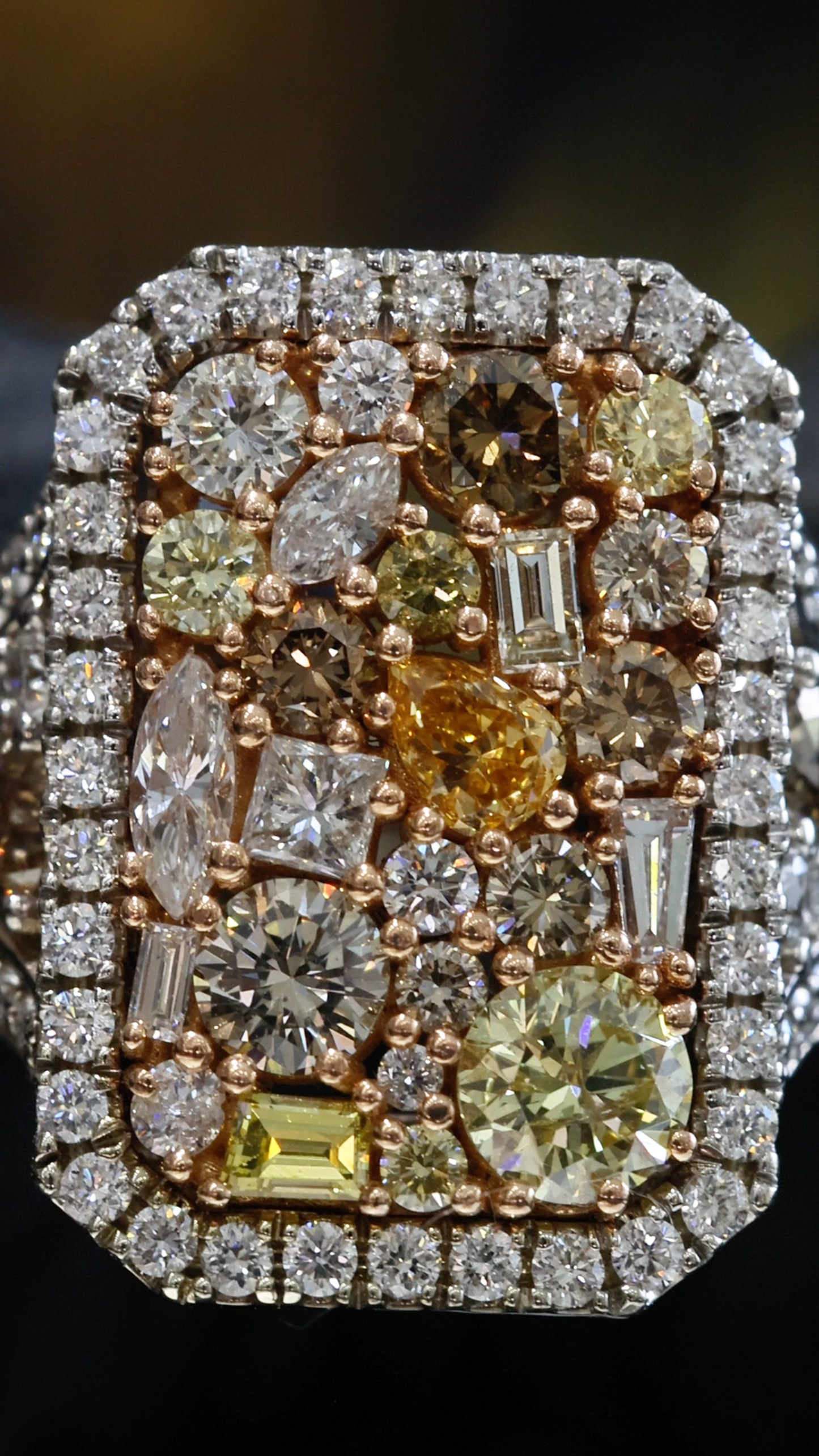 Natural Fancy Yellow Diamond Cushion Mosaic Ring with Halo in Two-Tone Gold | Luxury Statement Design