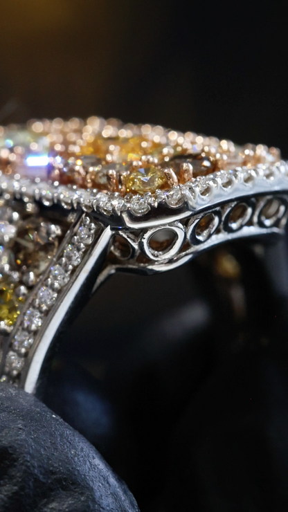 Natural Fancy Yellow Diamond Cushion Mosaic Ring with Halo in Two-Tone Gold | Luxury Statement Design
