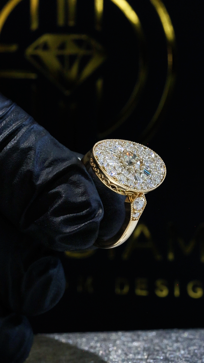 Natural Fancy Brown Diamond Oval Halo Ring with Mixed-Cut Mosaic in Yellow Gold | Vintage-Inspired Statement Design