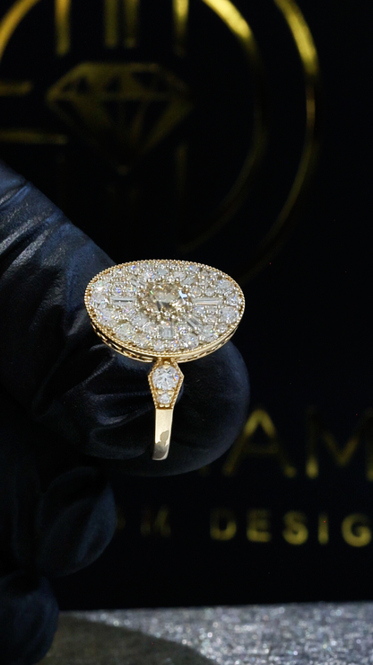 Natural Fancy Brown Diamond Oval Halo Ring with Mixed-Cut Mosaic in Yellow Gold | Vintage-Inspired Statement Design