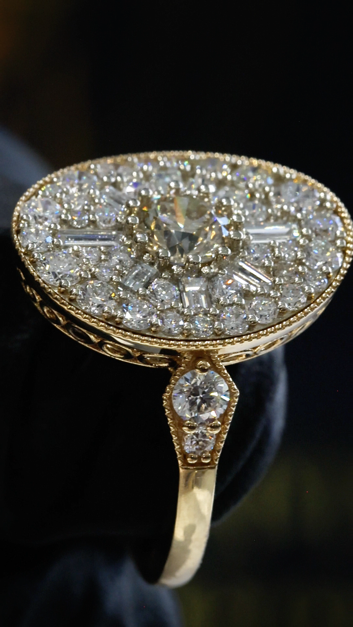 Natural Fancy Brown Diamond Oval Halo Ring with Mixed-Cut Mosaic in Yellow Gold | Vintage-Inspired Statement Design