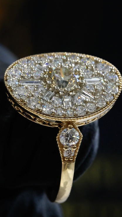 Natural Fancy Brown Diamond Oval Halo Ring with Mixed-Cut Mosaic in Yellow Gold | Vintage-Inspired Statement Design