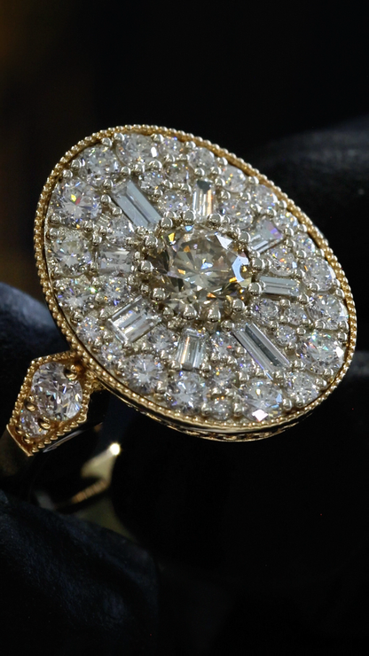 Natural Fancy Brown Diamond Oval Halo Ring with Mixed-Cut Mosaic in Yellow Gold | Vintage-Inspired Statement Design