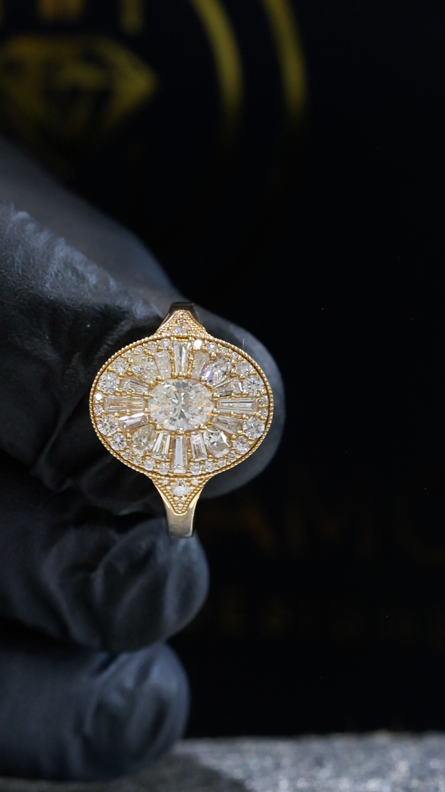 Natural Diamond Oval Halo Mosaic Ring with Mixed-Cut Starburst in Yellow Gold | Vintage-Inspired Statement Design
