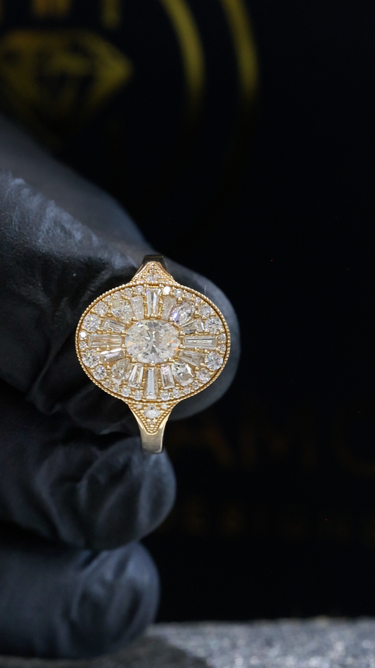 Natural Diamond Oval Halo Mosaic Ring with Mixed-Cut Starburst in Yellow Gold | Vintage-Inspired Statement Design